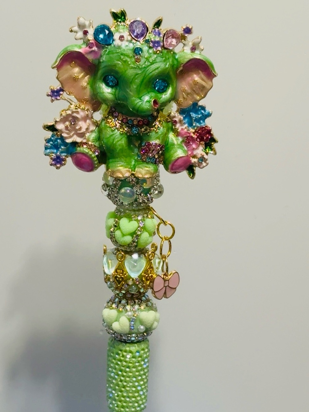 Handmade Jeweled Green Elephant Beaded Pen with Charm